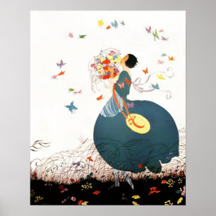POSTER DAME AU BOUQUET DE FLEURS ET PAPILLONS