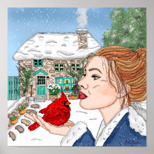 Poster Dame avec Cardinal devant le Cottage Anglais
