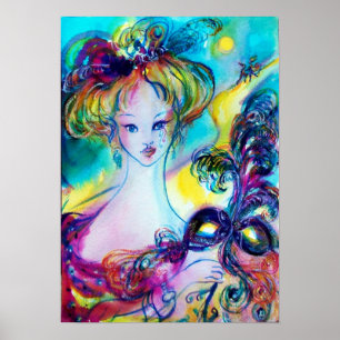 Poster DAME AVEC MASQUE FEATHEREE Vénitien Masquerade Nui