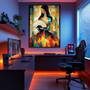 Poster Dame avec un éventail - Cubiste inspiré par Klimt