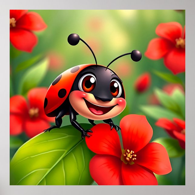 Poster Dame coccinelle de dessin animé souriante assise s (Devant)