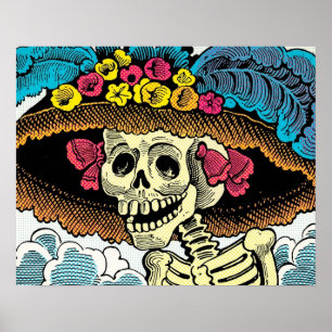 Poster Dame Crâne de Sucre avec Chapeau de Soleil Floral