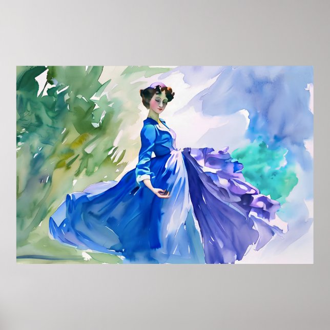 Poster Dame en Robe Bleue - Peinture aquarelle (Devant)