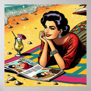 Poster Dame Rétro à la Plage Rêvant de Mode