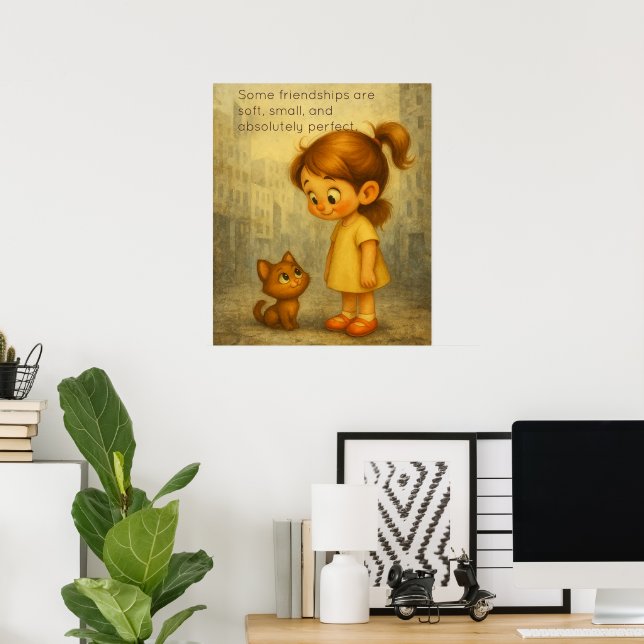Poster d'amitié douce et petite - Fille et chat (Bureau à domicile)