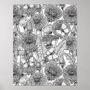 Poster Dandelion meadow in black and white