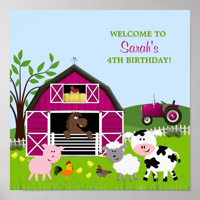 Poster d'anniversaire de Girl Barnyard Farm Animau (Devant)