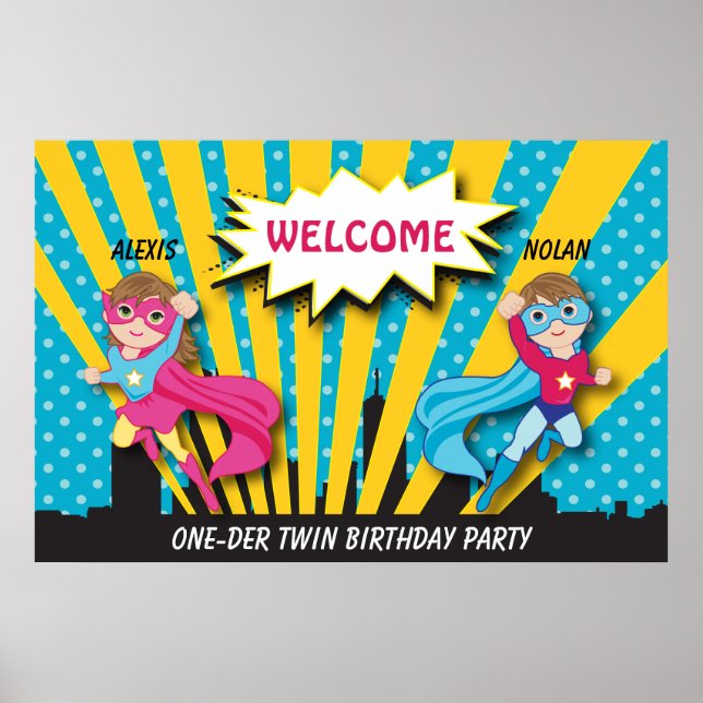 Poster d'anniversaire de Twin Boy Girl Superhero (Devant)