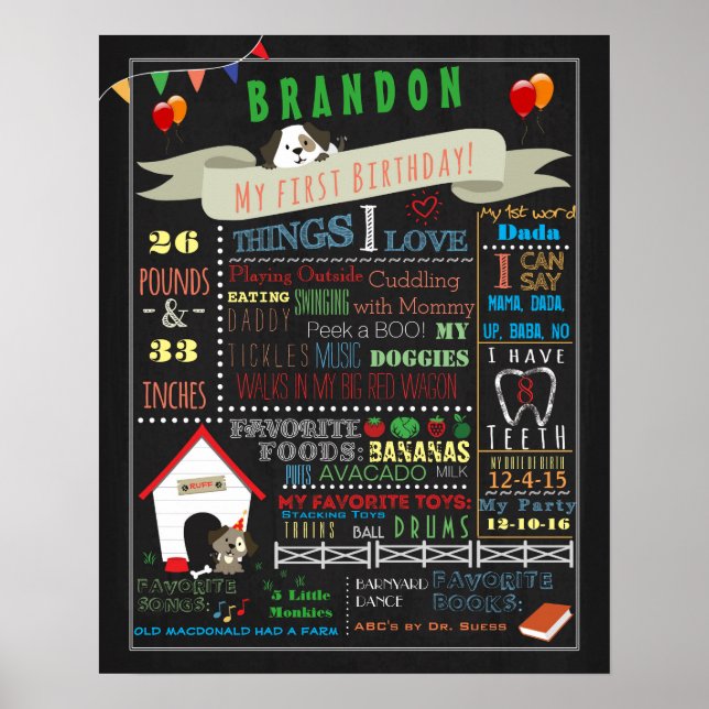 Poster d'anniversaire du chien chiot 16x20 (Devant)