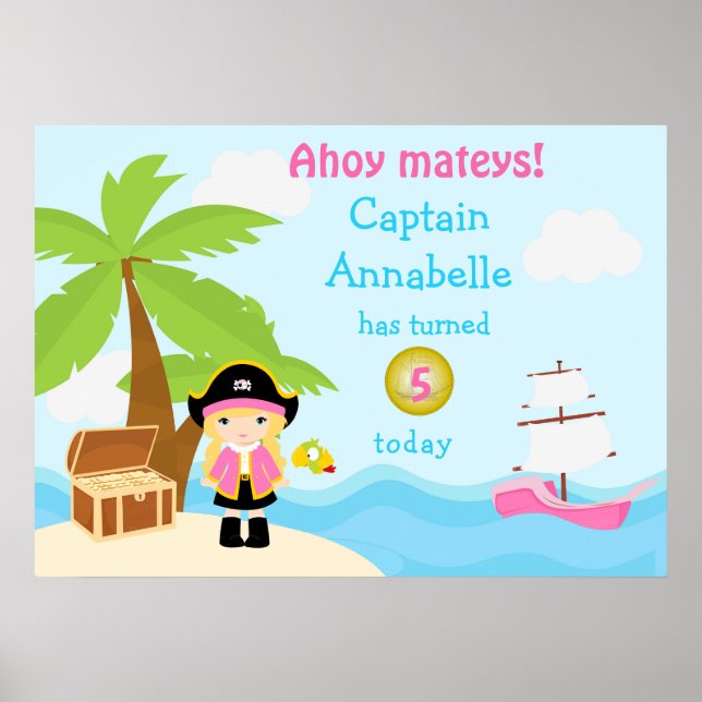 Poster d'anniversaire mignon Blonde Pirate Girl en (Devant)