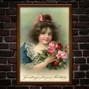 Poster d'anniversaire vintage 1904 Girl Pink Roses