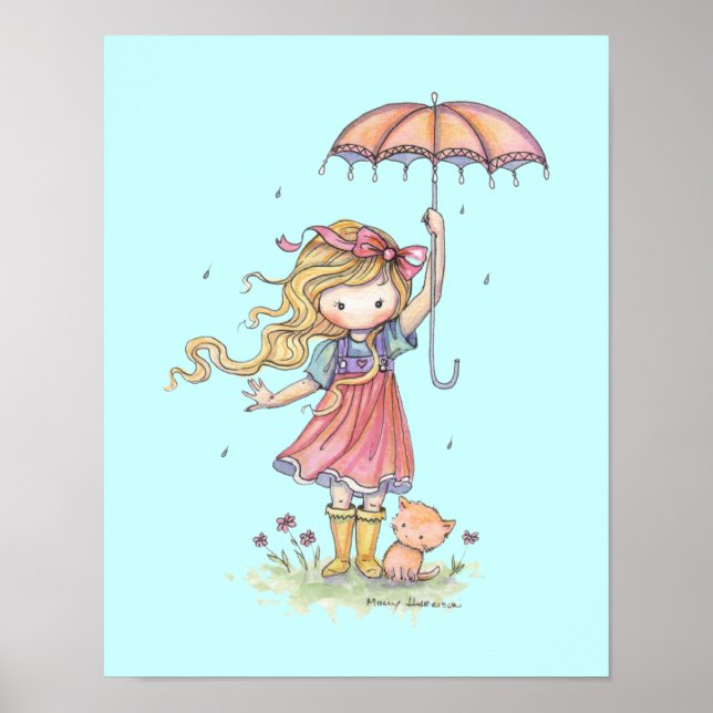 Poster Dans la pluie Petite fille et Kitten Nursery Art (Devant)