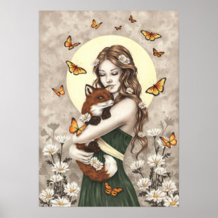 Poster Dans le jardin fille avec renard et papillons