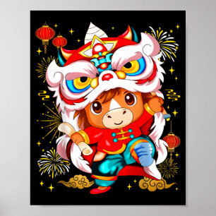 Poster Danse de lion de cheval drôle Nouvel An chinois en