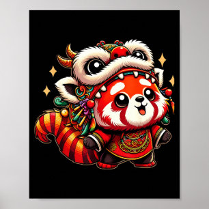 Poster Danse du dragon Panda rouge du Nouvel An chinois