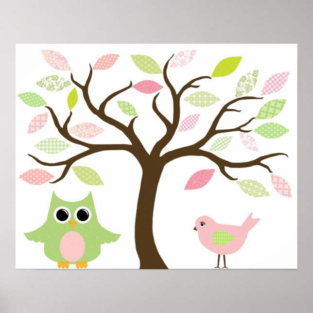 Poster d'arbre, de hibou et d'oiseau pour la chamb (Devant)