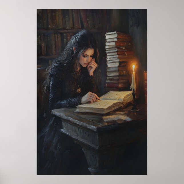 Poster Dark Academia Girl Reading Art Gothic Library Cand (Devant)