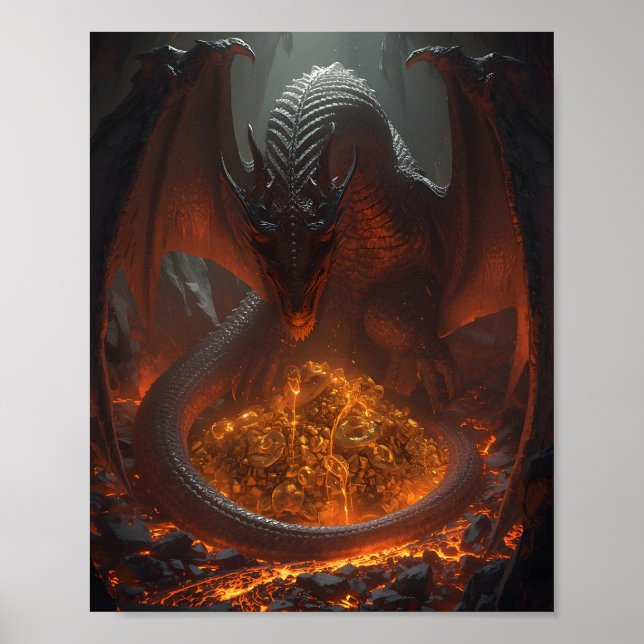 Poster Dark Fire Dragon Guarding Treasure – Fantasy Art (Devant)