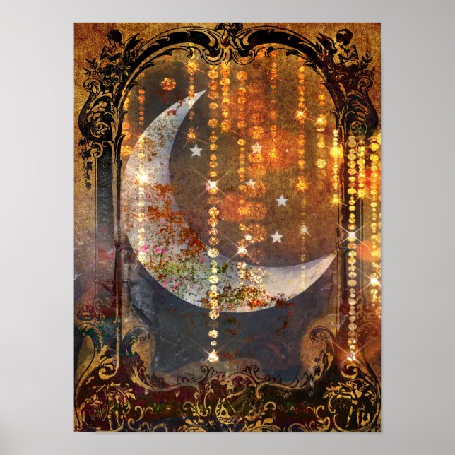 Poster Dark Gold Mystic Crescent Moon Crystals (Devant)