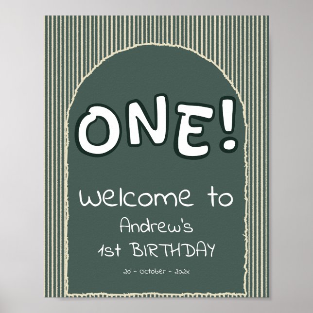 Poster Dark Green Stripes 1st Birthday Welcome Sign (Devant)