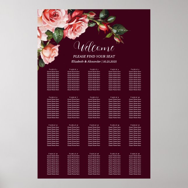 Poster Dark moody pink red roses wedding seating chart (Devant)