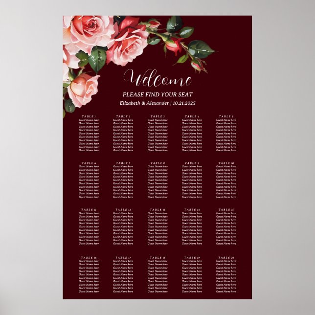 Poster Dark moody pink red roses wedding seating chart (Devant)