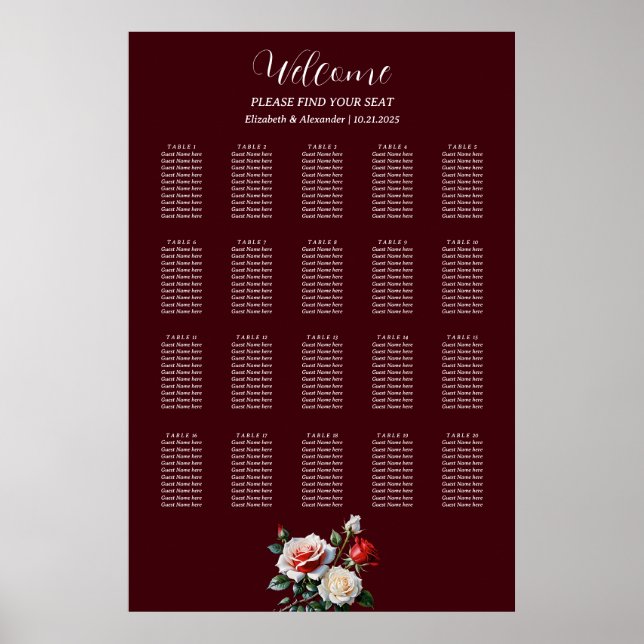 Poster Dark Pretty pink white red roses seating chart (Devant)