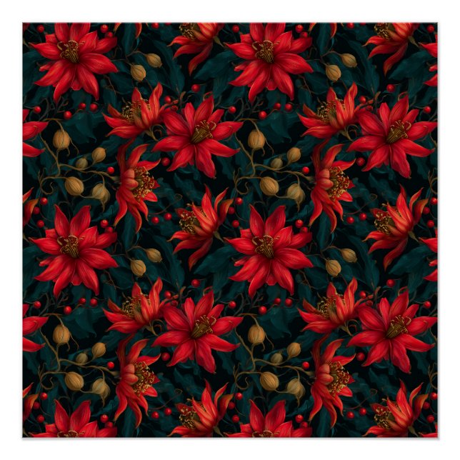 Poster Dark Red Christmas Floral Pattern (Devant)