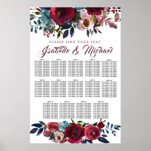 Poster Dark Red Floral 14-Table Wedding Seating Chart