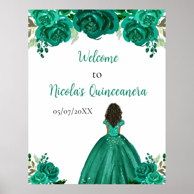 Poster Dark Skin Princess Green Quinceanera Welcome (Devant)