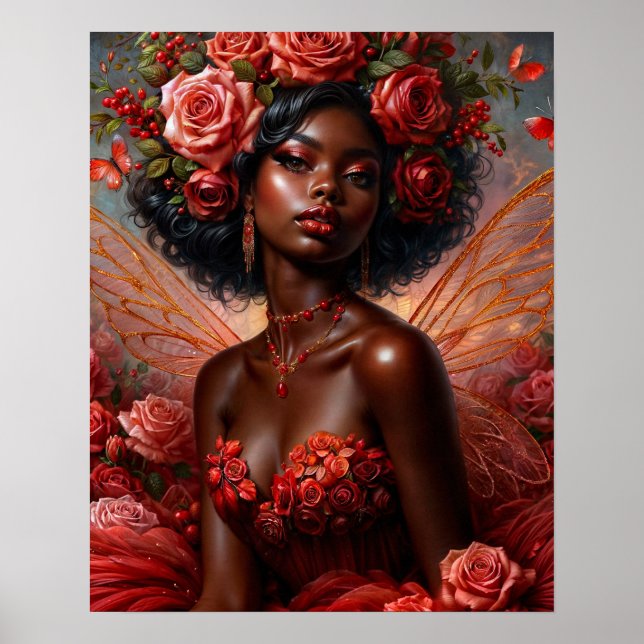 Poster Dark-Skinned Fairy With Red Roses (Devant)
