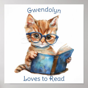 Poster d'art de la crèche Chat Lire un livre Perso