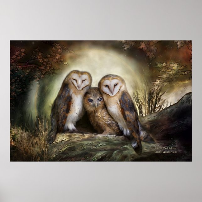Poster d'art de la Lune à trois hiboux / Imprimer (Devant)