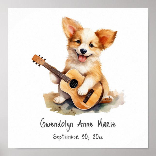 Poster d'art de la pépinière Chiot avec guitare (Devant)