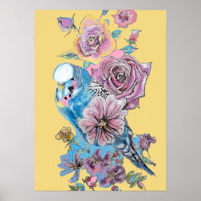 Poster d'art de l'aquarelle bleu Budgie rouge rose (Devant)