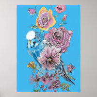 Poster d'art de l'aquarelle Blue Budgie Red Rose P