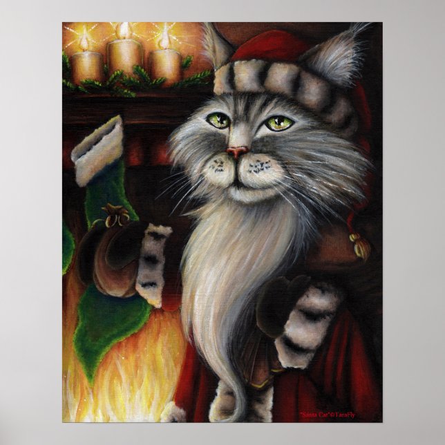 Poster d'art de Noël du chat de Noël du Père Noël (Devant)