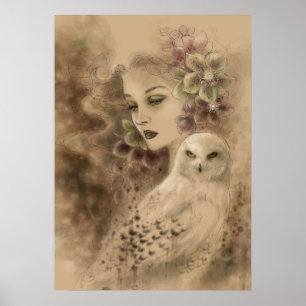 Poster d'art de Snowy Owl et de Noël Rose Imaginai