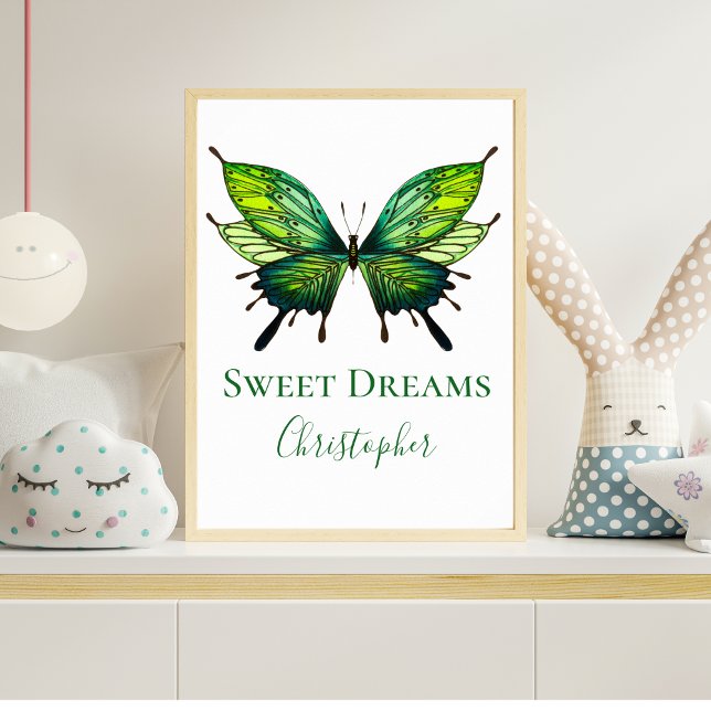 Poster d'art du mur de la pépinière d'aquarelle ve (Green Butterfly Sweet Dreams Nursery Wall Art Personalized)