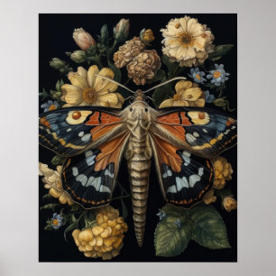 Poster D'Art Gothique Moth Et Fleurs