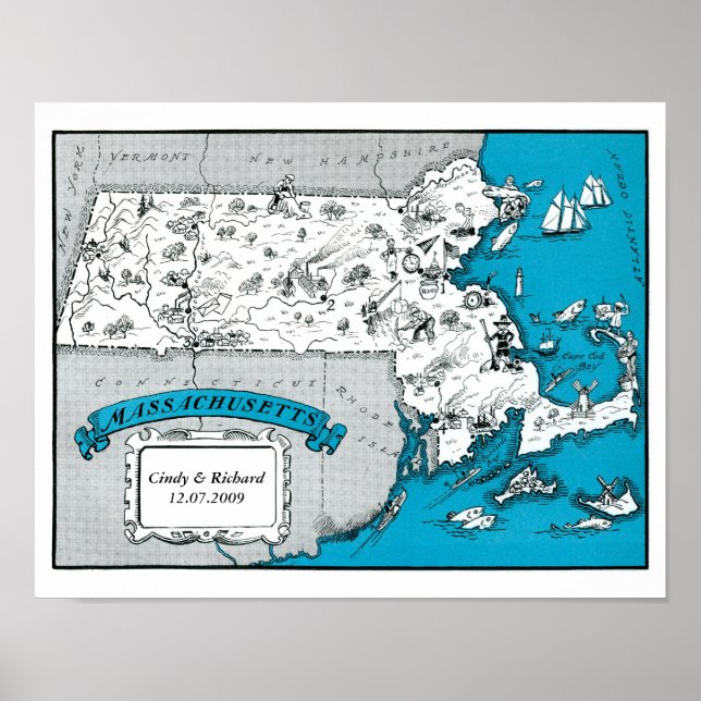 Poster d'art mural sur la carte d'état du Massachu (Devant)