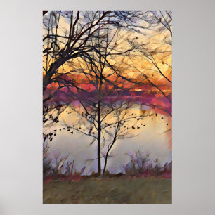 Poster d'art Peinture à l'huile d'étang coucher du