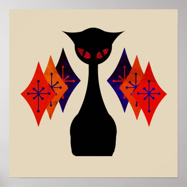 Poster d'art rétro du cool Cat Red Eye Mid Century (Devant)