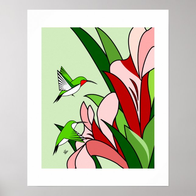 Poster d'art stylisé Colibri et Fleurs PInk (Devant)