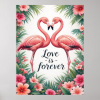 Poster d'art tropical Flamant rose Love