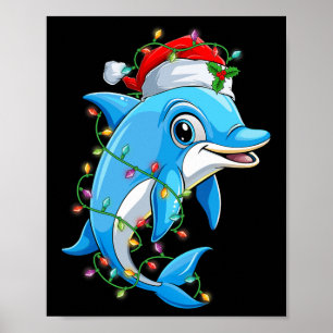 Poster Dauphin amusant Santa Chapeau Noël Arbre Lumières
