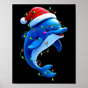Poster Dauphin amusant Santa Chapeau Noël Arbre Lumières