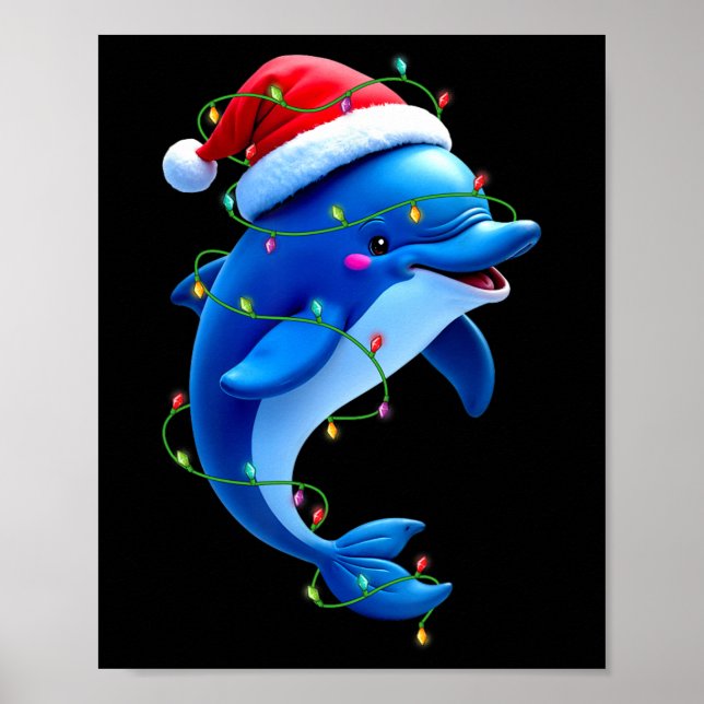 Poster Dauphin amusant Santa Chapeau Noël Arbre Lumières  (Devant)