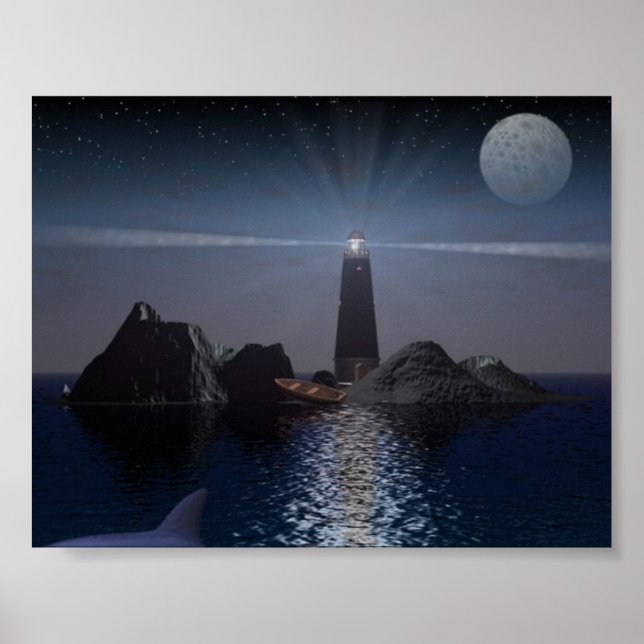 Poster Dauphin et phare la nuit (Devant)