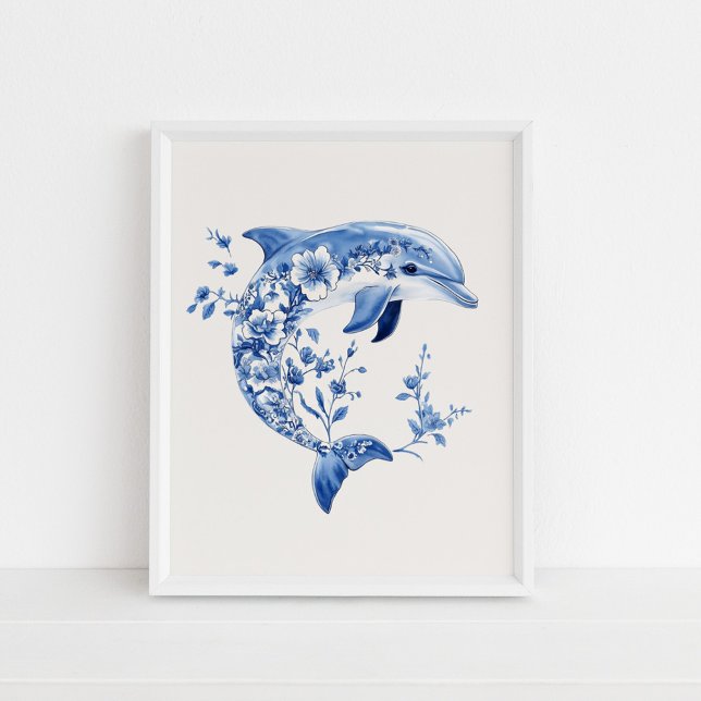 Poster Dauphin floral - Bleu côtier sur Mur beige Art (Floral Dolphin – Coastal Blue on Beige Wall Art in a white frame on the floor.)